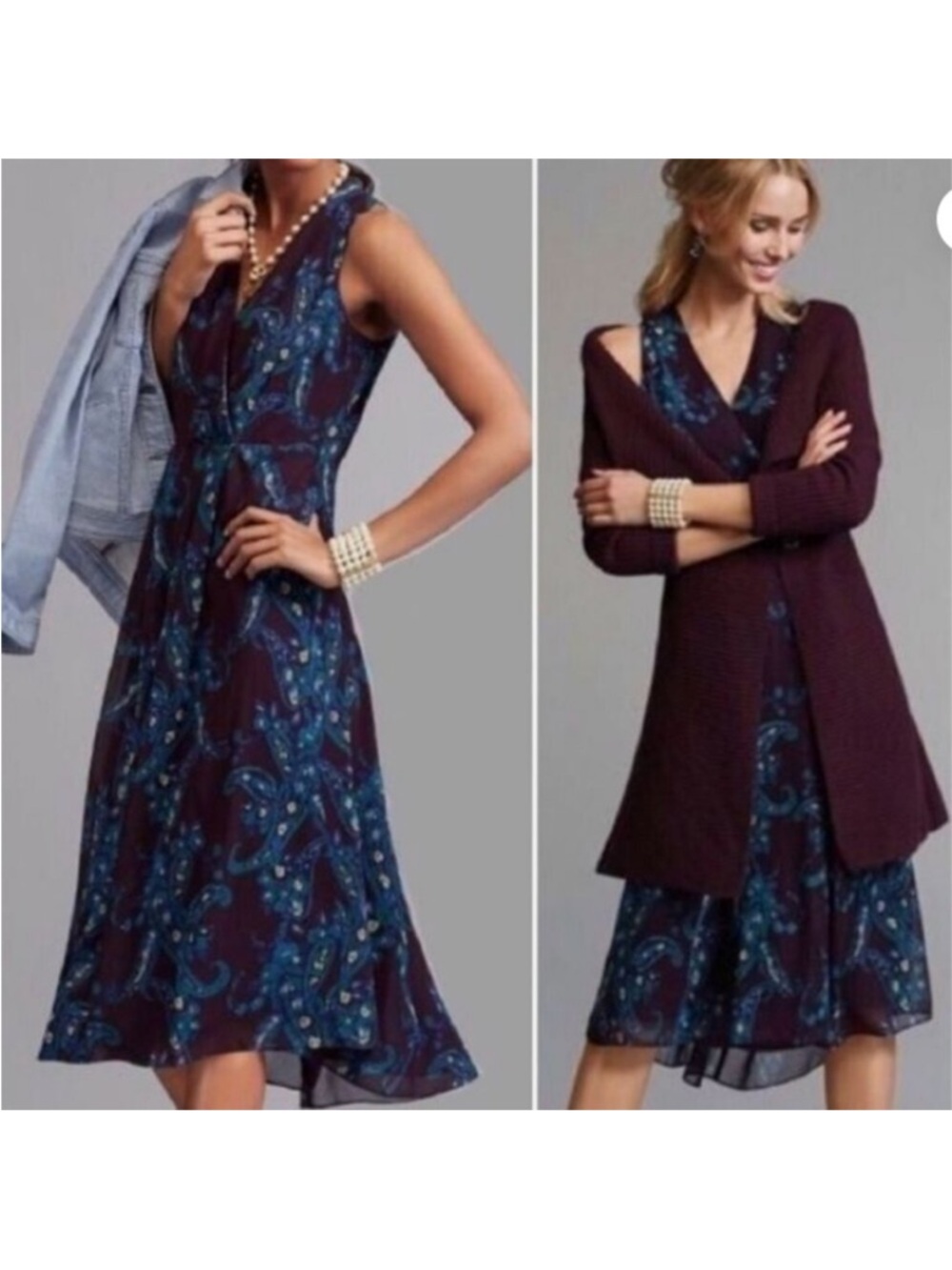 CAbi Treasure Paisley #3461 Floral Pocket Midi Dress Blue Plum Short Sleeve 12 - Picture 11 of 13